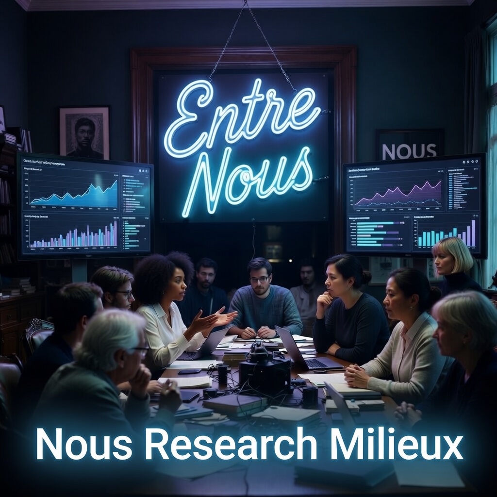 数字沙龙的抽象可视化，互联节点代表共同探究和 Hermes 智能体工作流。